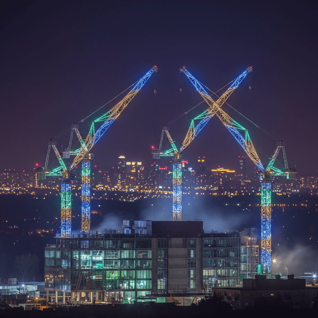 Nachts beleuchteter Baukran als spektakuläre Lichtinstallation.