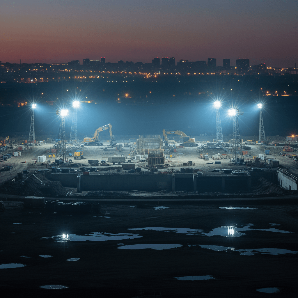 Moderne LED Baufeldbeleuchtung für optimale Sicht auf Baustellen.