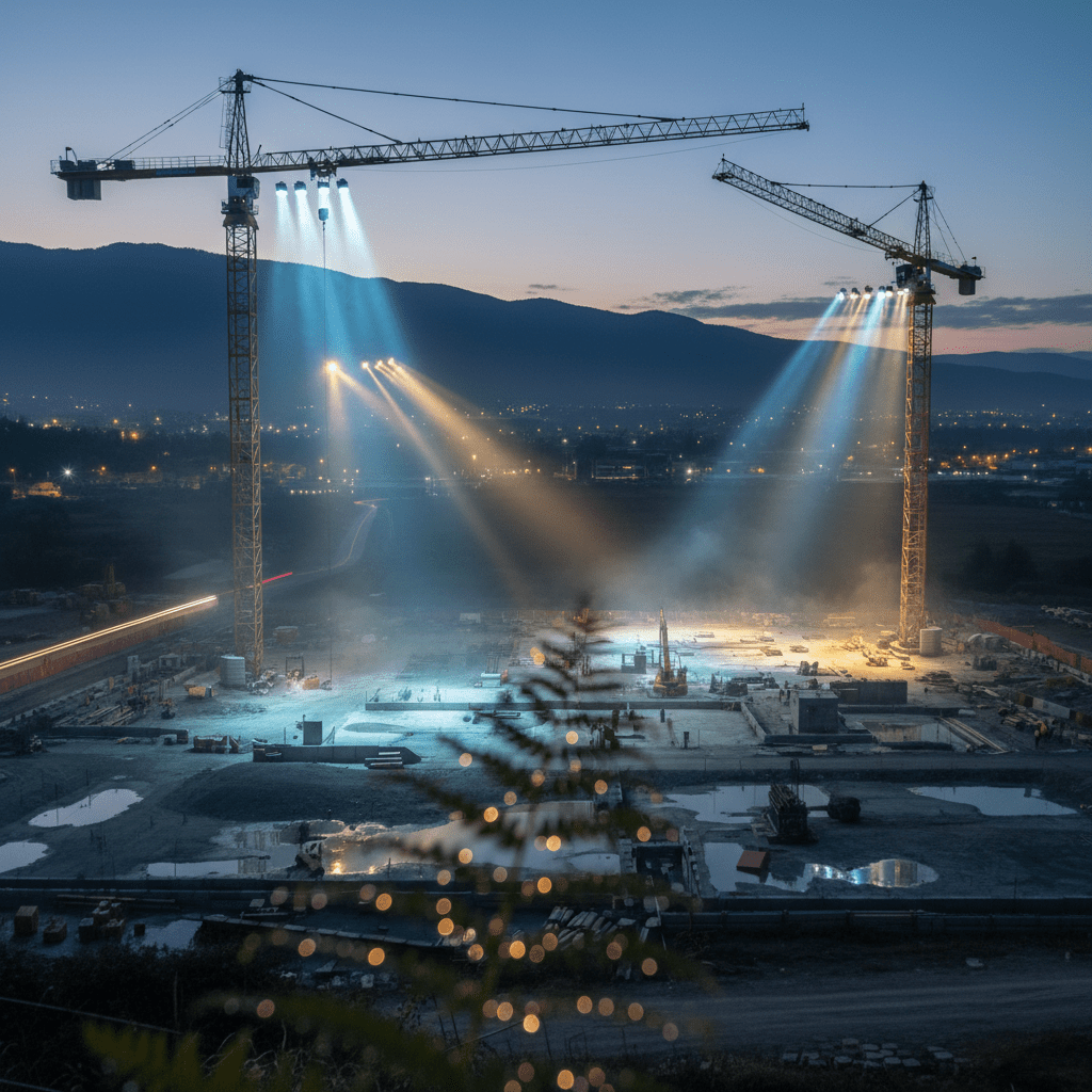 Robuste LED Kranbeleuchtung für effiziente und sichere Baustellenbeleuchtung bei Nacht.