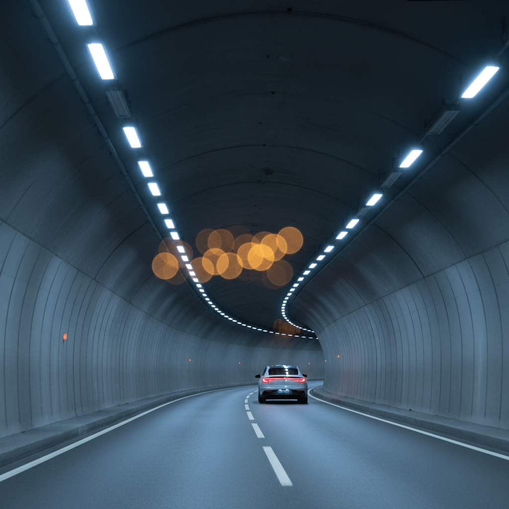 Moderne LED Tunnelbeleuchtung sorgt für verbesserte Sicht und Sicherheit.
