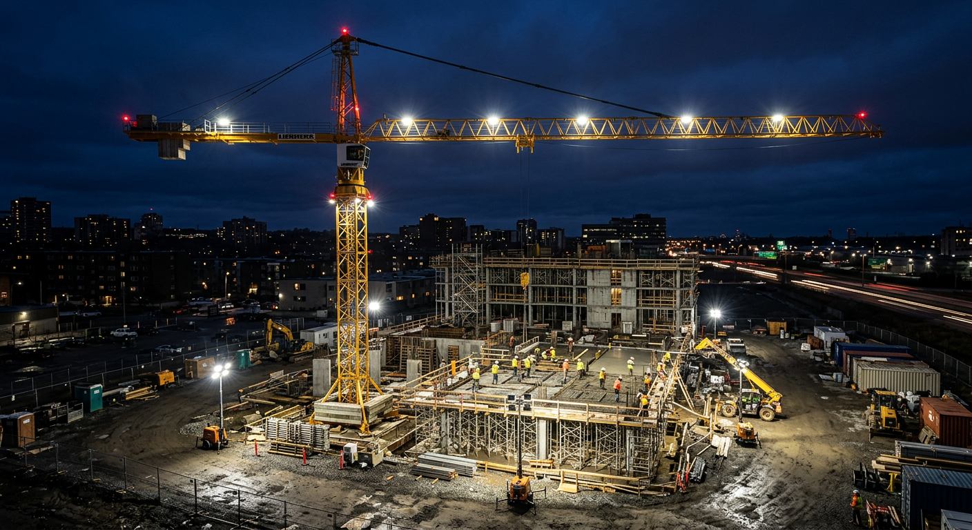 Ein großer Baustellenkran ist bei Nacht beleuchtet, um die Arbeiten auf der Baustelle zu ermöglichen.