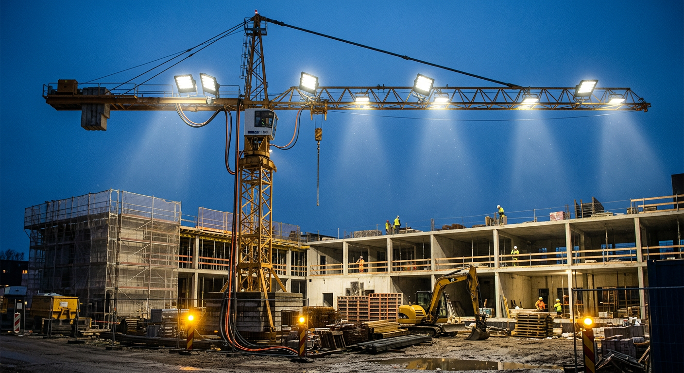 Eine leistungsstarke Kranbeleuchtung mit 230V für optimale Sicht auf Baustellen.