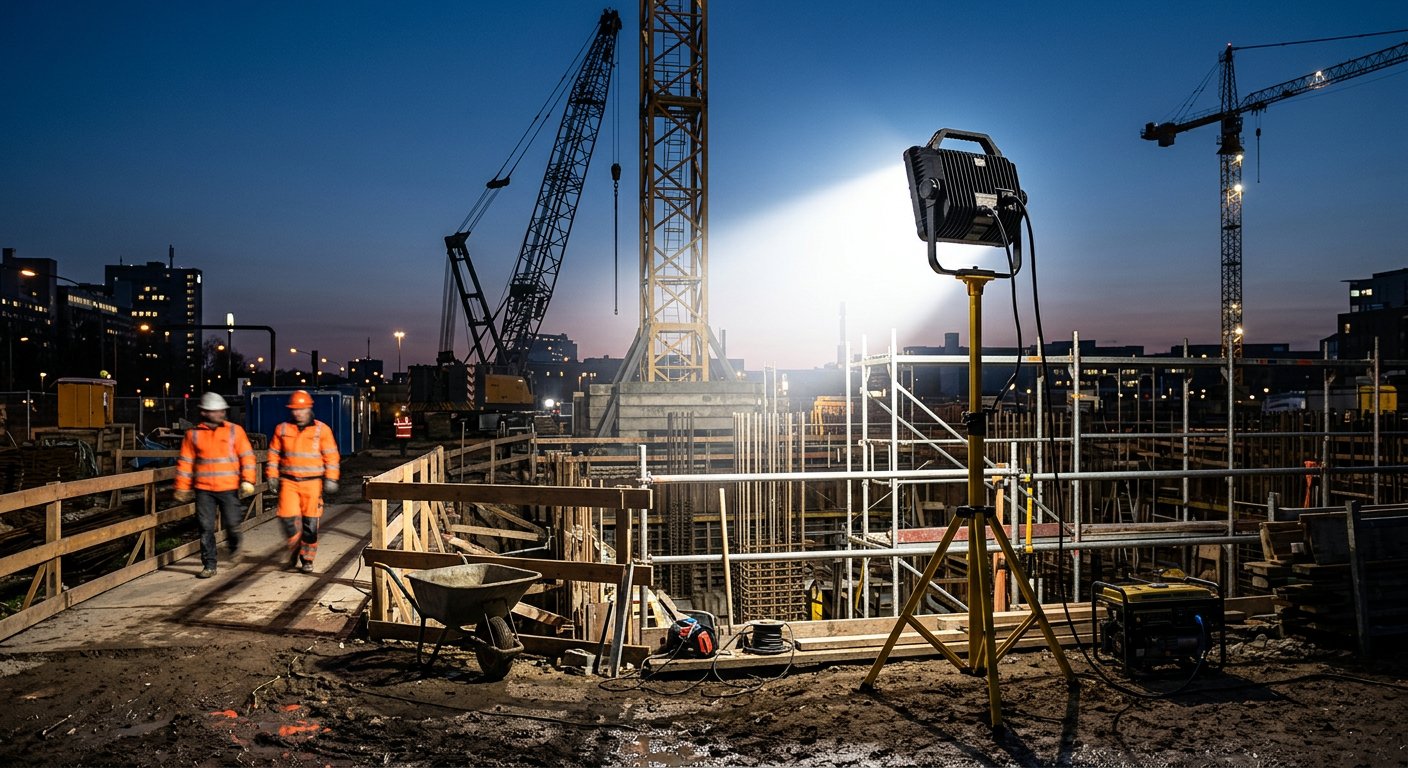 Leistungsstarker LED Baustrahler mit 20.000 Lumen für helle und sichere Baustellenbeleuchtung.
