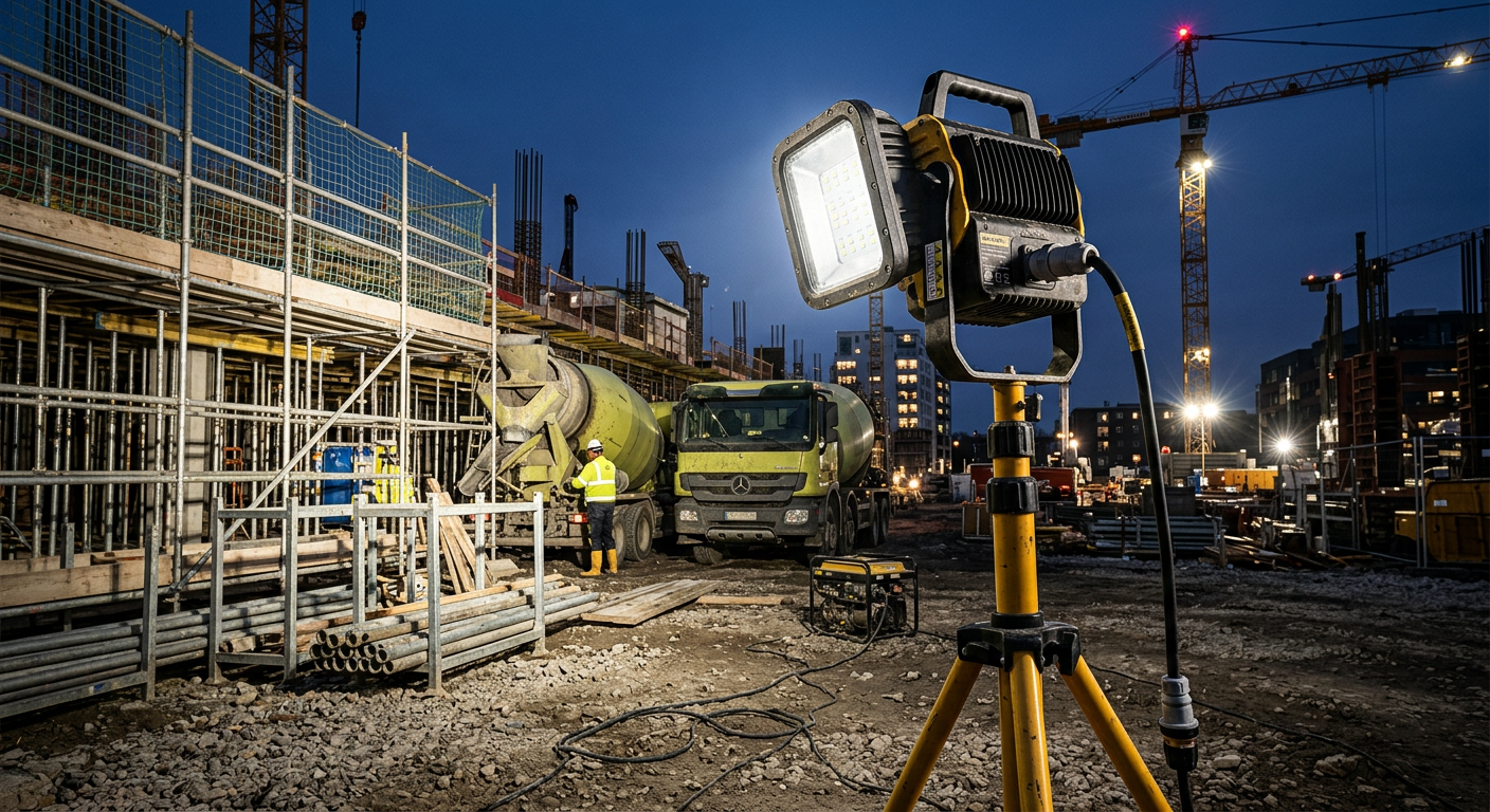 Professioneller LED Baustrahler mit 500W Leistung, der den DGUV Vorschriften für den Einsatz auf Baustellen entspricht.