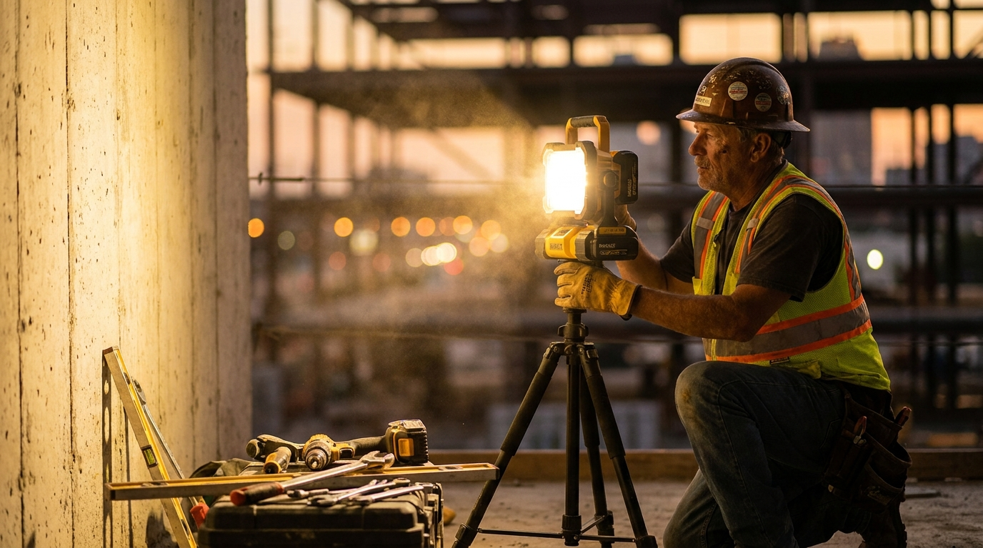 LED Akku-Baustrahler Test auf einer Baustelle – kabelloser LED-Strahler beleuchtet Betonwand (Symbolbild)